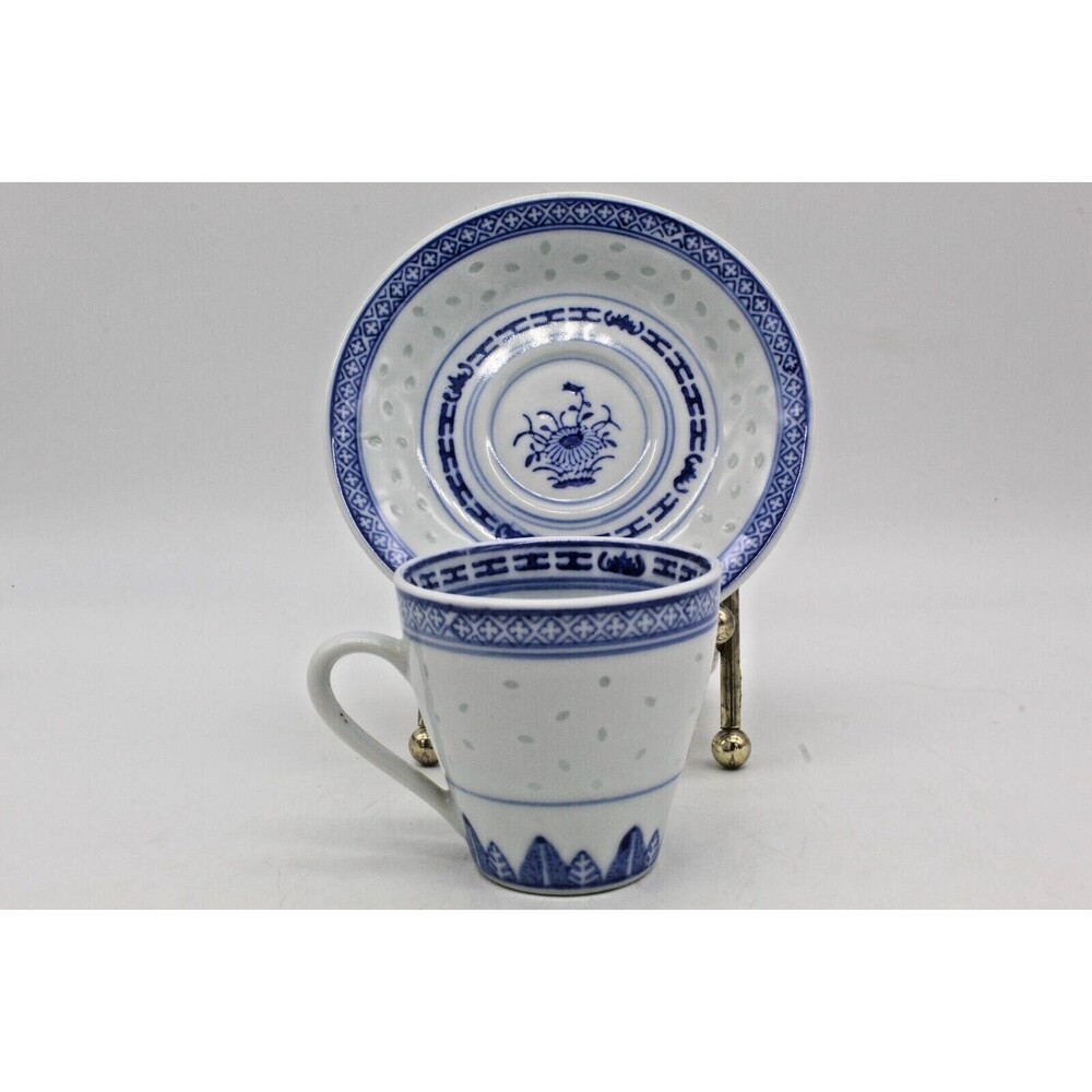 Translucent Tea Cup & Saucer Set Blue Rice Eye White Flower Vintage Chinese